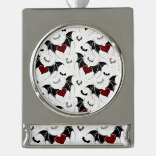 Halloween heart with black bat wings silver plated banner ornament
