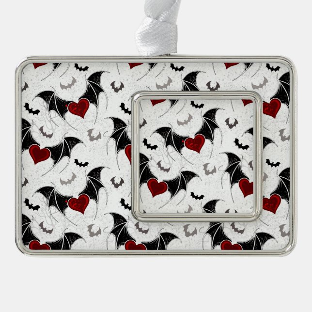 Halloween heart with black bat wings silver plated framed ornament (Front)