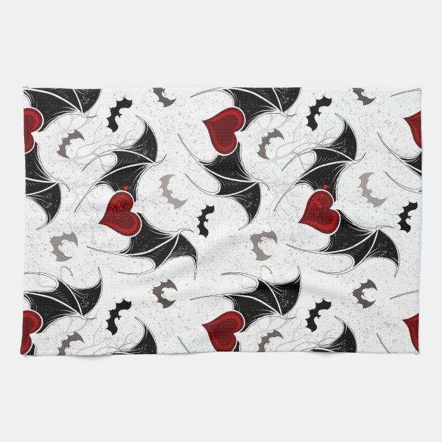 Halloween heart with black bat wings tea towel (Horizontal)