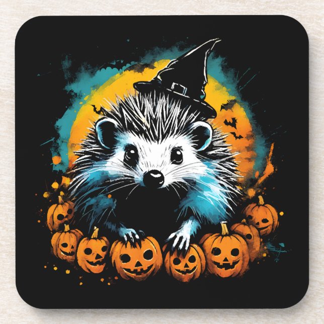 Halloween Hedgehog and pumpkins cute Coaster (Front)