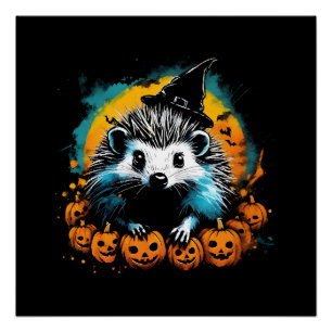Halloween Hedgehog and pumpkins cute Poster