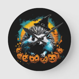 Halloween Hedgehog and pumpkins cute Round Clock