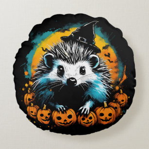 Halloween Hedgehog and pumpkins cute Round Cushion