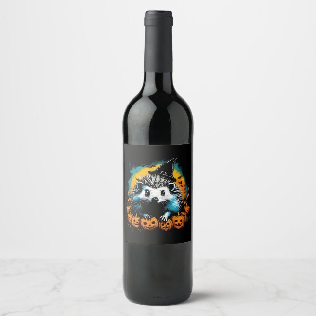 Halloween Hedgehog and pumpkins cute Wine Label (Front)