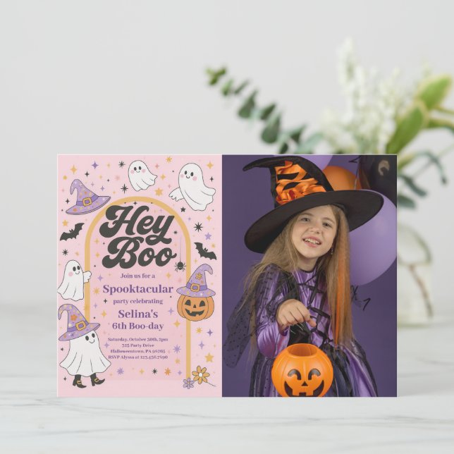 Halloween Hey Boo Cute Ghost Birthday Party Photo Invitation (Standing Front)