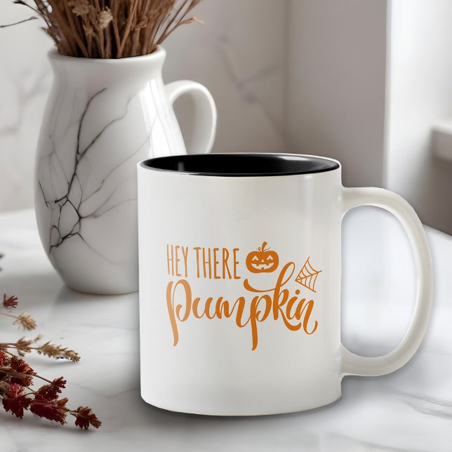 Halloween Hey There Pumpkin  Two-Tone Coffee Mug (The design features text that says "Hey there, pumpkin," perfect for those fall mornings)