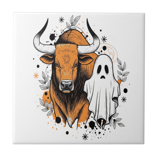 Halloween Highland Cow Cute Fall Tile (Front)