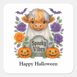 Halloween Highland Cow Ghosts Cute Personalised Square Sticker