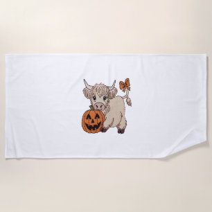 Halloween Highland Cow Pumpkin Beach Towel