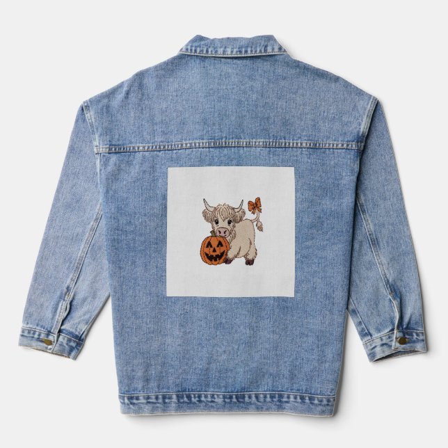 Halloween Highland Cow Pumpkin Denim Jacket (Back)