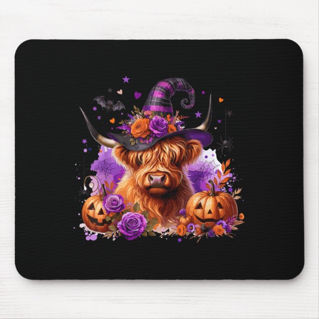 Halloween Highland Cow Pumpkin Witchy Bat Mouse Pad (Front)