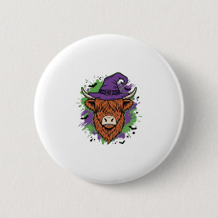 Halloween Highland Cow Witch Hat Vintage Vector_1 6 Cm Round Badge