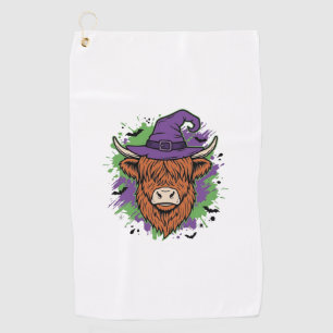 Halloween Highland Cow Witch Hat Vintage Vector_1 Golf Towel