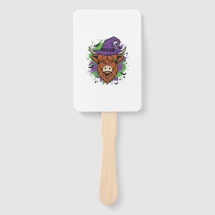 Halloween Highland Cow Witch Hat Vintage Vector_1 Hand Fan