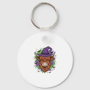 Halloween Highland Cow Witch Hat Vintage Vector_1 Key Ring