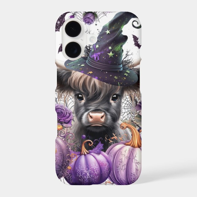 Halloween Highland Cow Witch Purple Pumpkins iPhone Case (Back)