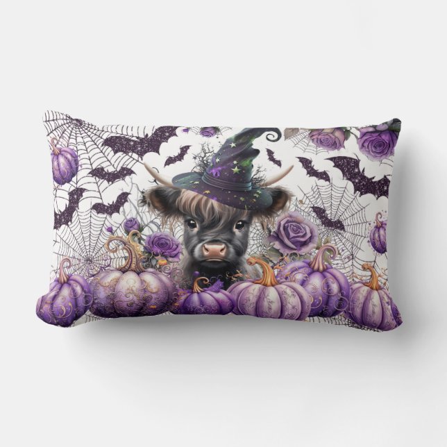 Halloween Highland Cow Witch Purple Pumpkins Lumbar Cushion (Front)