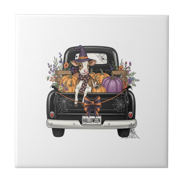 Halloween Highland Cow with Truck Tile (Front)