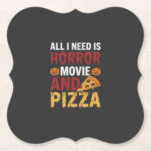 Halloween Horror Movie and Pizza Typography Paper Coaster