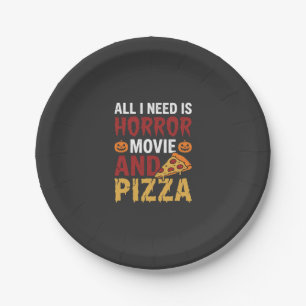 Halloween Horror Movie and Pizza Typography Paper Plate