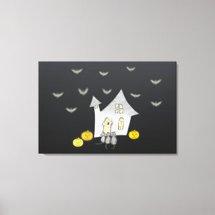 Halloween House, Black Cats, Bats, Pumpkins Canvas Print