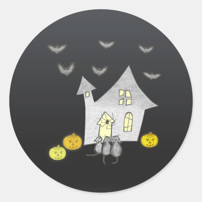 Halloween House, Black Cats, Bats, Pumpkins Classic Round Sticker (Front)