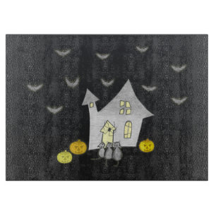 Halloween House, Black Cats, Bats, Pumpkins Cutting Board