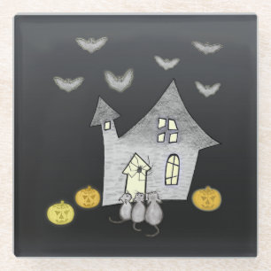 Halloween House, Black Cats, Bats, Pumpkins Glass Coaster