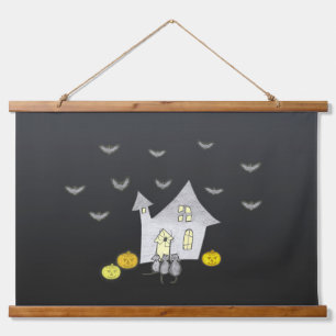 Halloween House, Black Cats, Bats, Pumpkins Hanging Tapestry