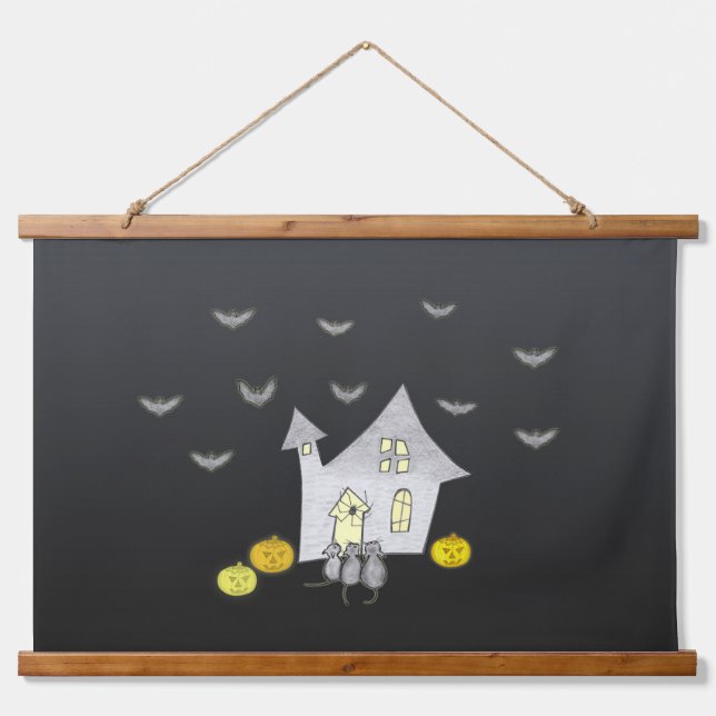 Halloween House, Black Cats, Bats, Pumpkins Hanging Tapestry (Front)