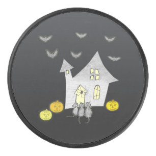 Halloween House, Black Cats, Bats, Pumpkins Hockey Puck