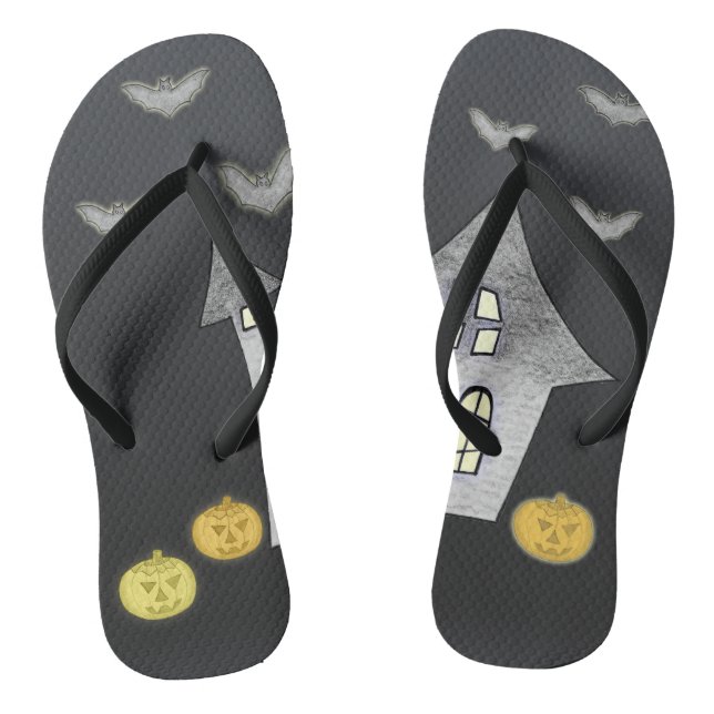 Halloween House, Black Cats, Bats, Pumpkins Jandals (Footbed)