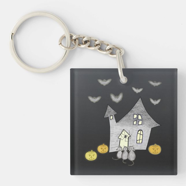Halloween House, Black Cats, Bats, Pumpkins Key Ring (Front)