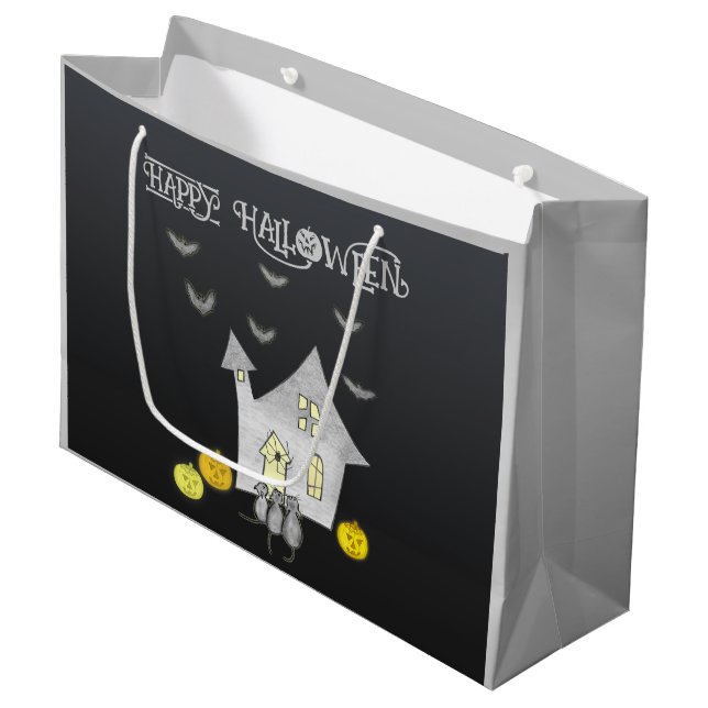 Halloween House, Black Cats, Bats, Pumpkins Large Gift Bag (Front Angled)