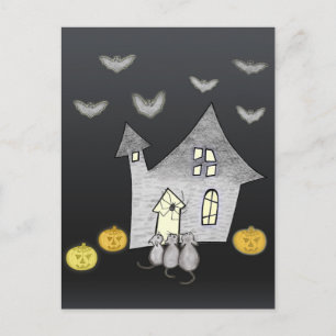 Halloween House, Black Cats, Bats, Pumpkins Postcard