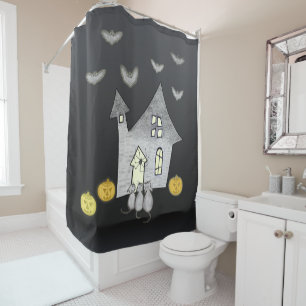 Halloween House, Black Cats, Bats, Pumpkins Shower Curtain