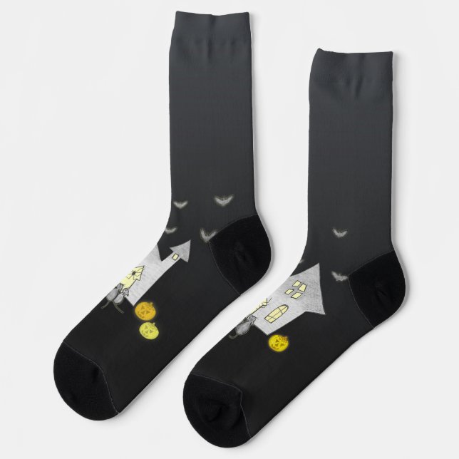Halloween House, Black Cats, Bats, Pumpkins Socks (Left)