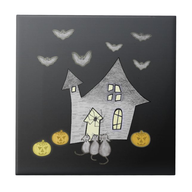 Halloween House, Black Cats, Bats, Pumpkins Tile (Front)