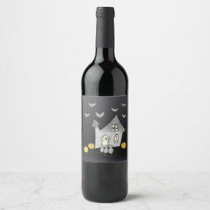 Halloween House, Black Cats, Bats, Pumpkins Wine Label