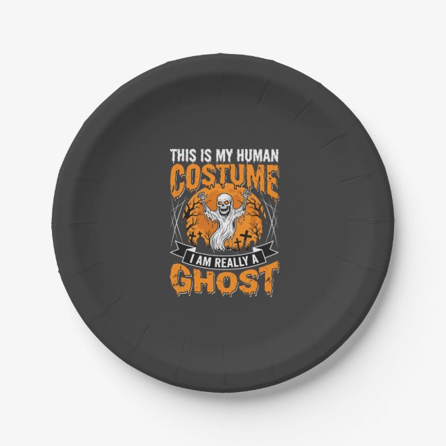 Halloween Human Costume Ghost Skeleton Graphic Paper Plate (Front)