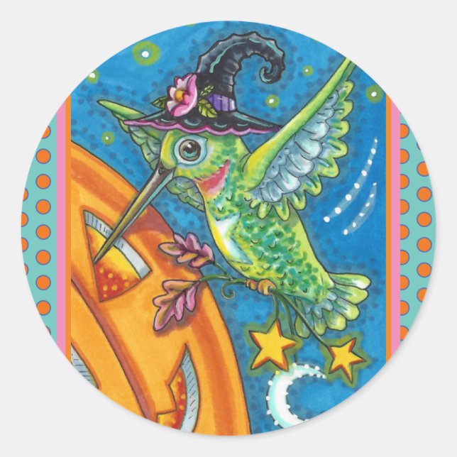 HALLOWEEN HUMMINGBIRD & JACK O LANTERN WHIMSY CLAS CLASSIC ROUND STICKER (Front)
