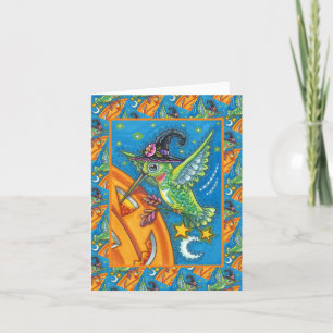 HALLOWEEN HUMMINGBIRD & JACK O LANTERN WHIMSY HOLIDAY CARD