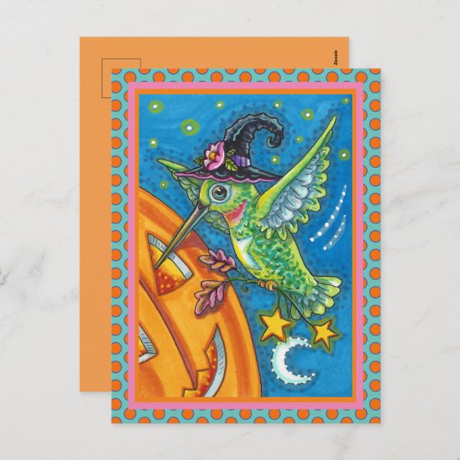 HALLOWEEN HUMMINGBIRD & JACK O LANTERN WHIMSY HOLIDAY POSTCARD (Front/Back)