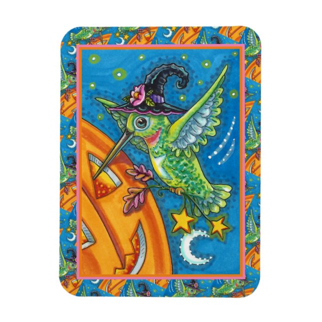 HALLOWEEN HUMMINGBIRD & JACK O LANTERN WHIMSY MAGNET (Vertical)