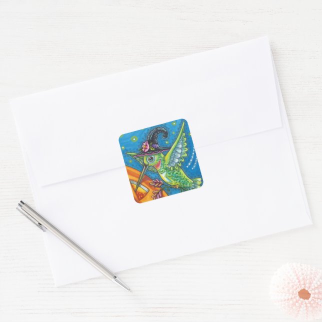 HALLOWEEN HUMMINGBIRD & JACK O LANTERN WHIMSY SQUARE STICKER (Envelope)