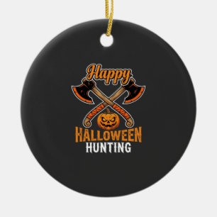 Halloween Hunting Crossed Axes Jack O Lantern Ceramic Tree Decoration