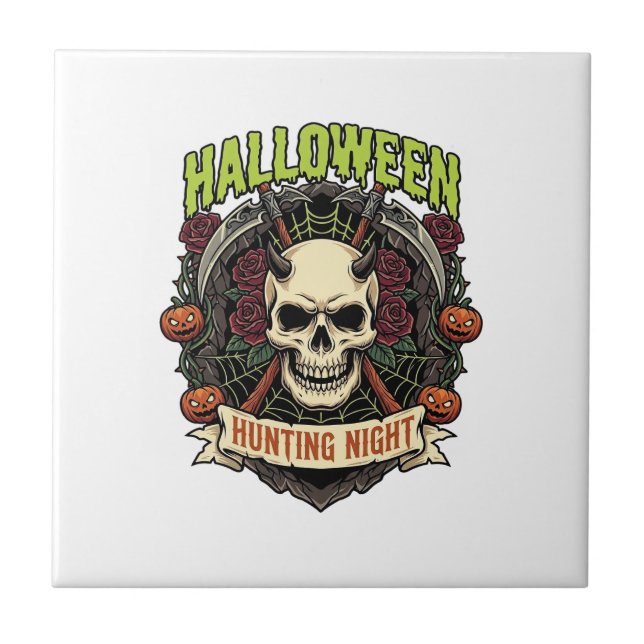 Halloween Hunting Night Horned Skull Roses Pumpkin Tile (Front)