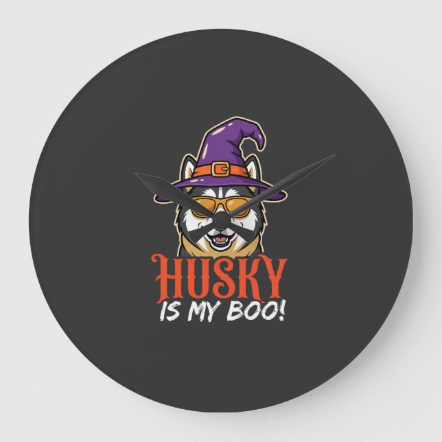 Halloween Husky Is My Boo Witch Hat Large Clock (Front)