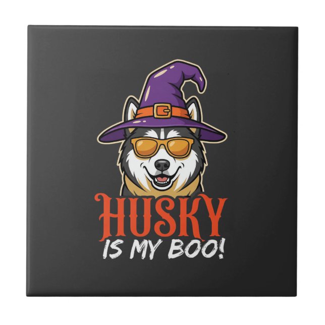 Halloween Husky Is My Boo Witch Hat Tile (Front)