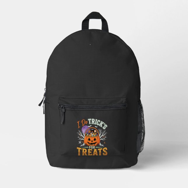 Halloween I Do Tricks for Treats Pumpkin Printed Backpack (Front)